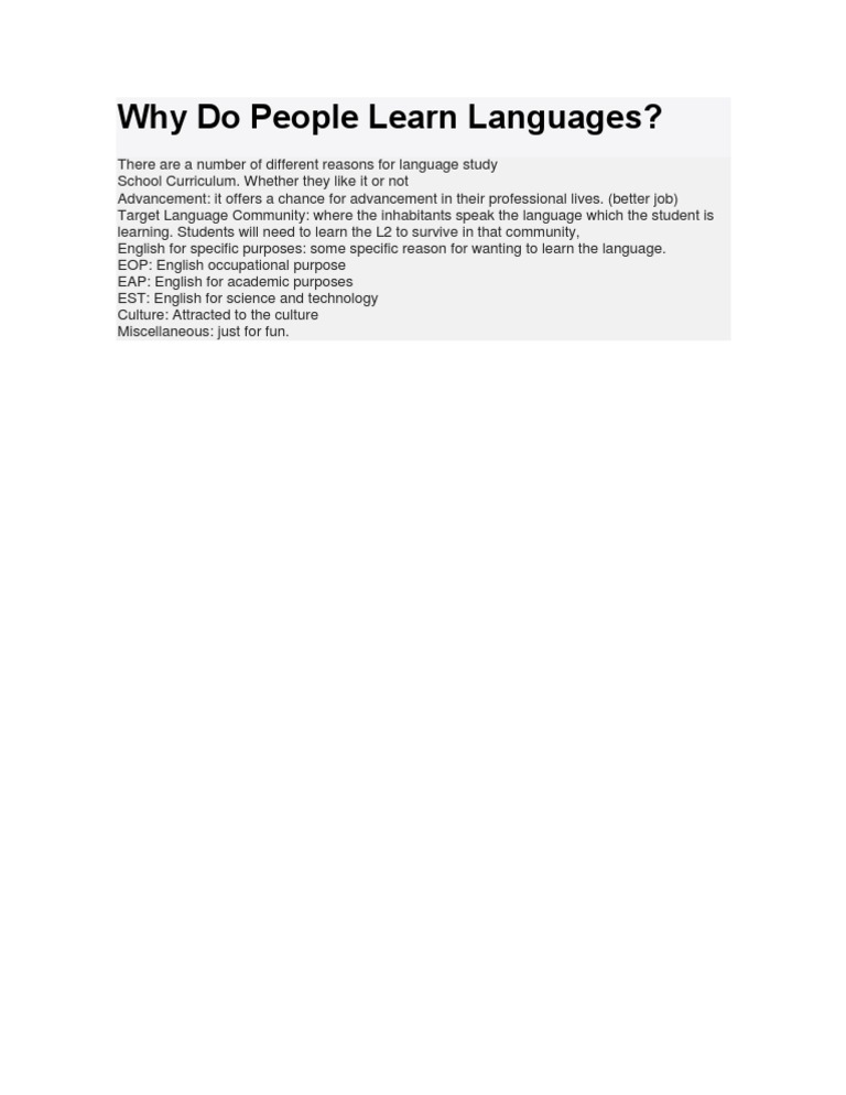 Reasons for Learning Languages | PDF | Language Arts & Discipline ...