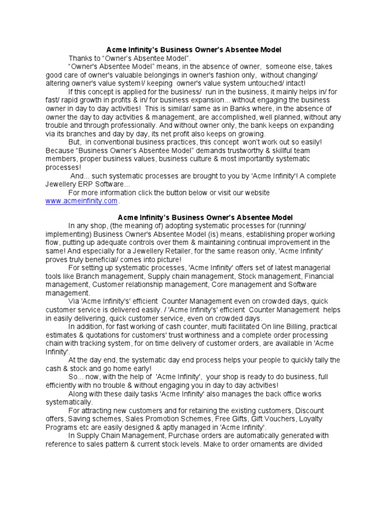 Acme Infinity's Absentee Ownership Model | PDF | Ownership | Stocks