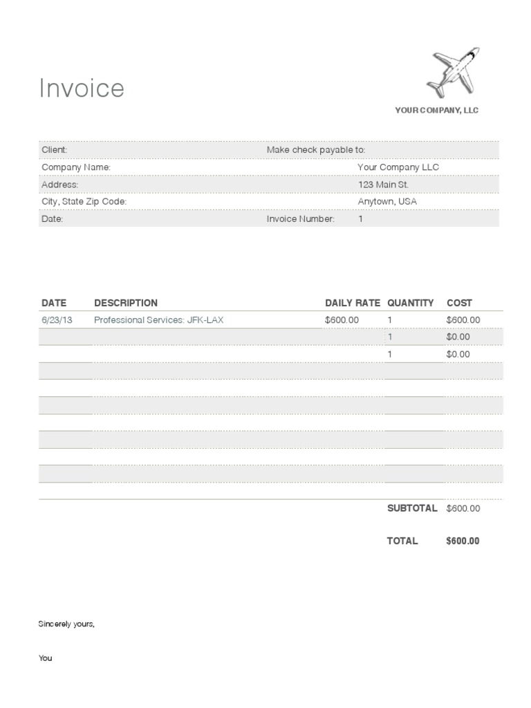 Contract Pilot Invoice Example | Aviation