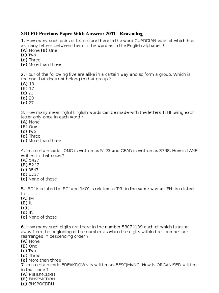 SBI PO Previous Paper With Answers 2011 - Reasoning | PDF | Foreign ...