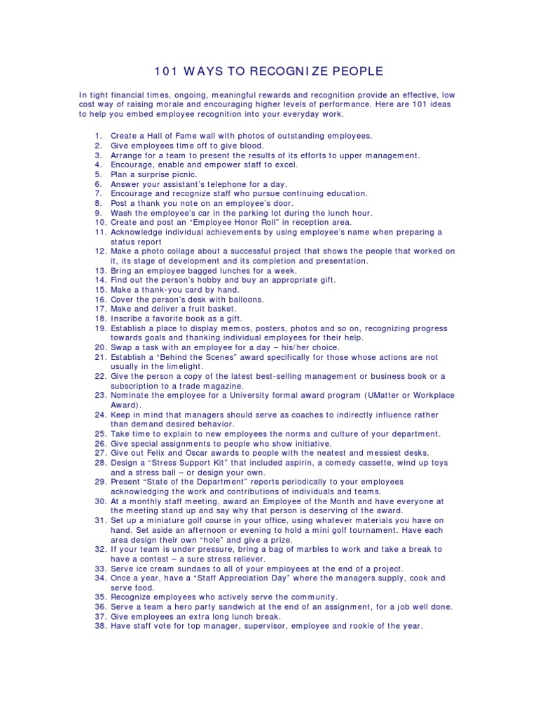 101 Ways to Recognize Employees | PDF | Career & Growth
