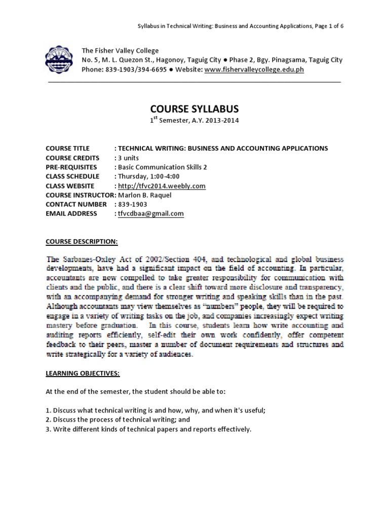 Technical Writing Syllabus PDF Multiple Choice Test (Assessment)