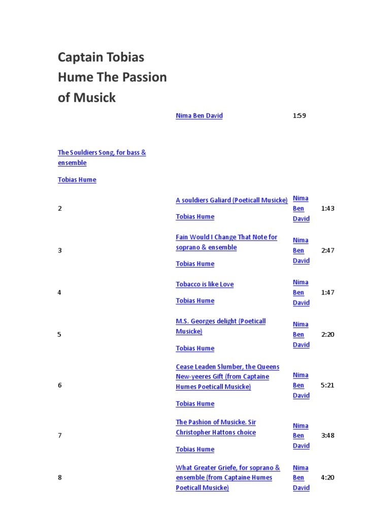 tobias hume tobacco Tobias Hume's Musical Works Overview
