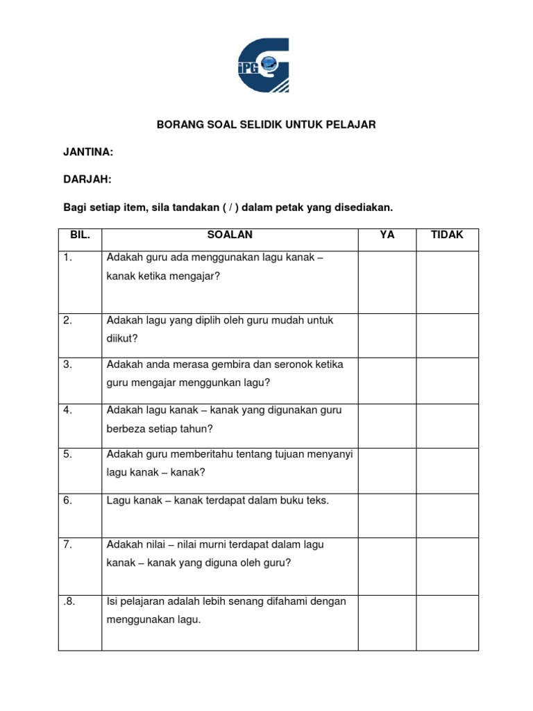 Borang Soal Selidik Untuk Pelajar Pdf
