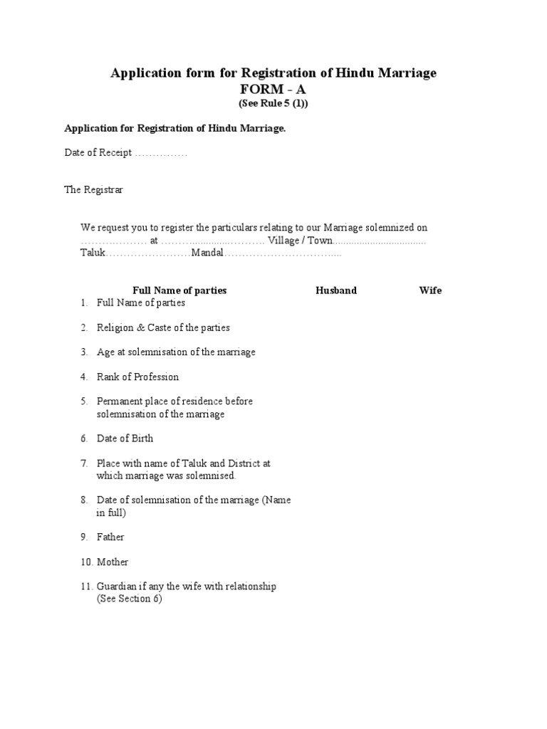 Registration of Hindu Marriage Application Form | PDF
