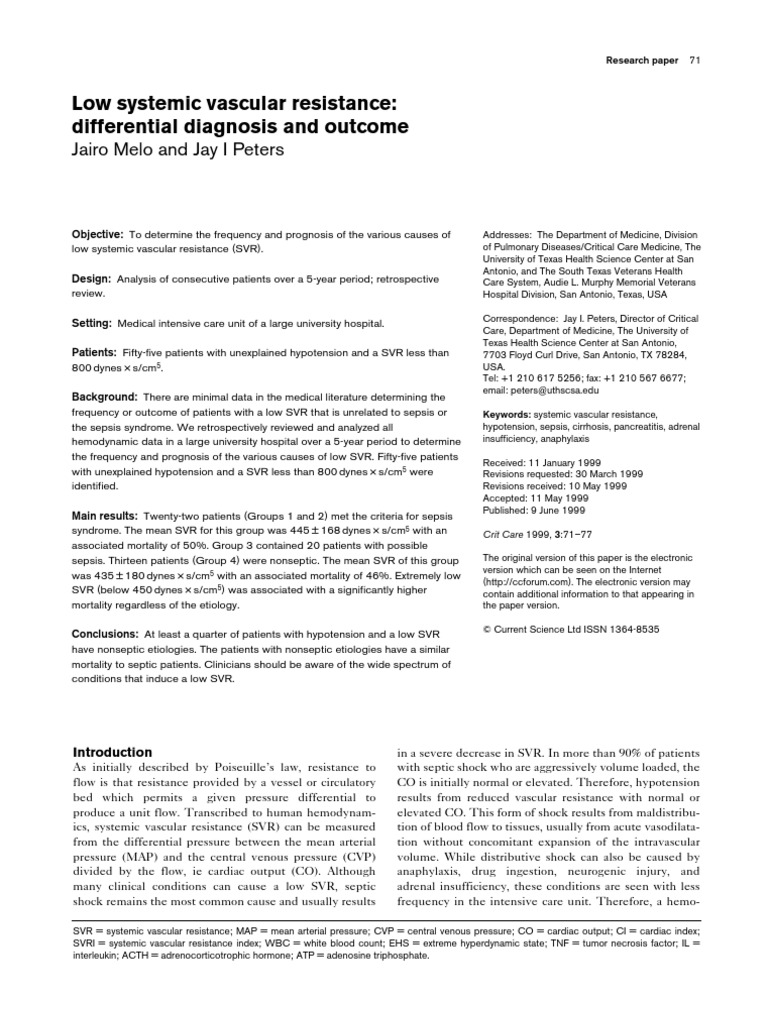 Low Systemic Vascular Resistance Sepsis Adrenal Gland