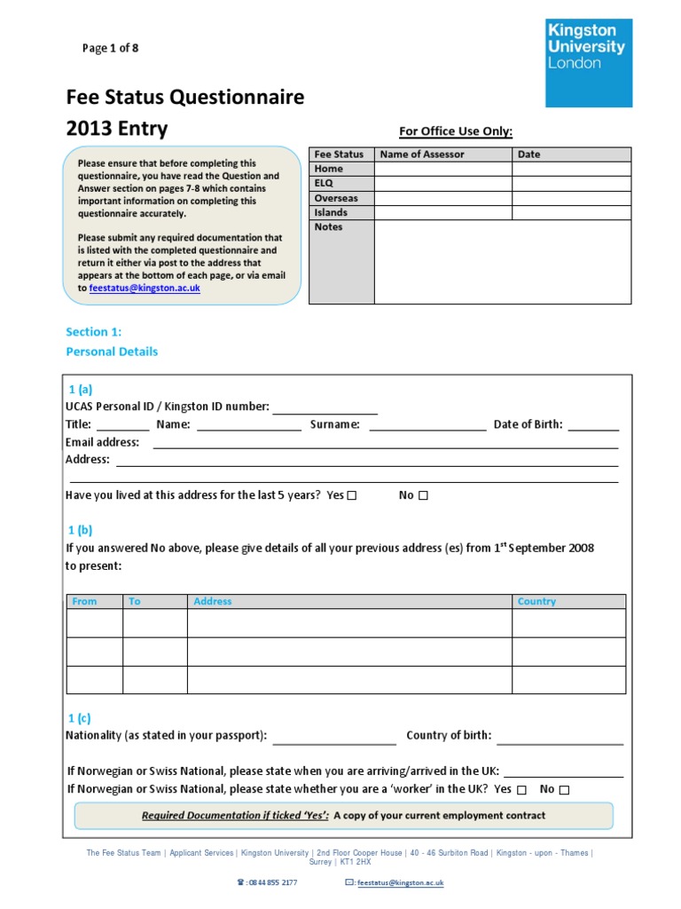 Kingston University Fee Status Questionnaire | PDF | Identity Document ...