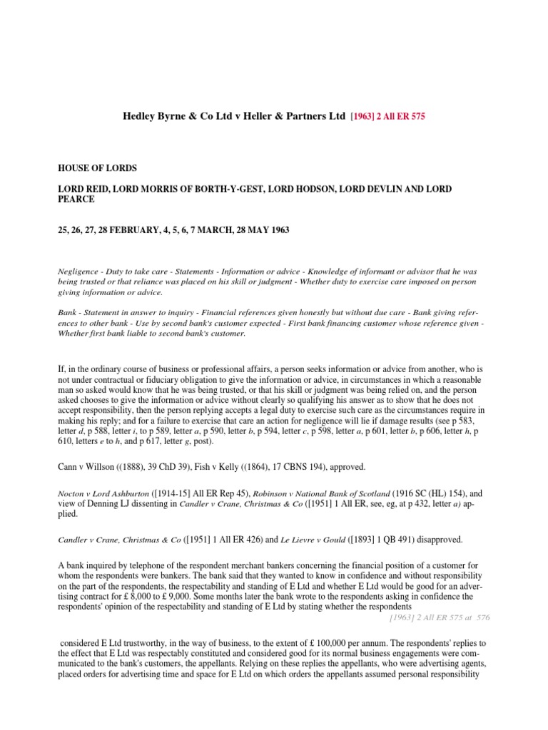 Hedley Byrne Co LTDV Heller Partners LTD 19632 PDF Negligence Fiduciary