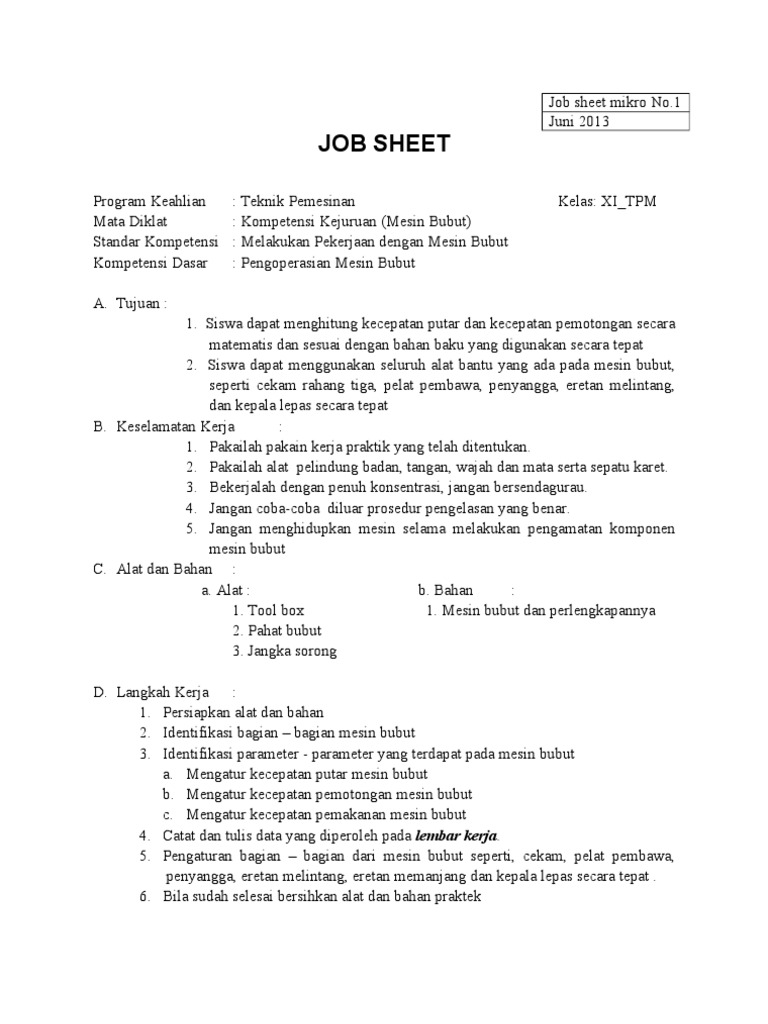 Job Sheet Praktik Mesin Bubut SMK | PDF | Teknologi & Rekayasa
