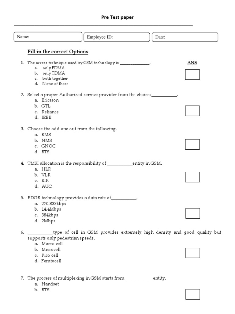 Fill in The Correct Options: Pre Test Paper | PDF | Gsm | General ...