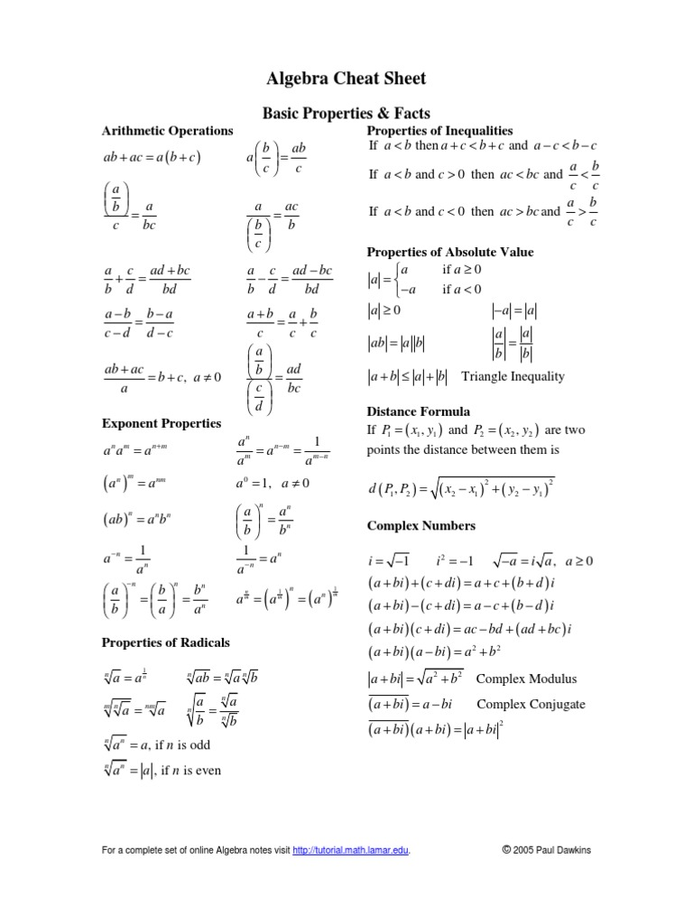 Algebra Cheat Sheet: Basic Properties & Facts | PDF | Logarithm ...