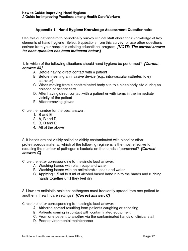 Hand Hygiene Knowledge Assessment Questionnaire (IHI) PDF Hand