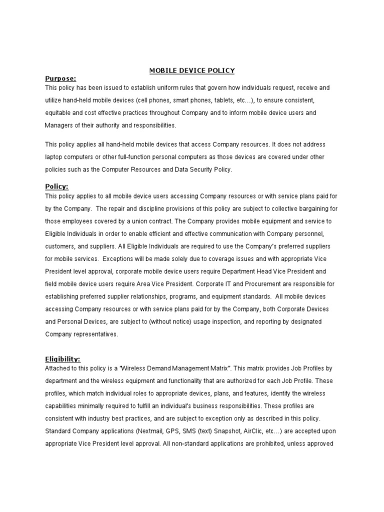 Sample Mobile Phone Distribution Policy PDF Mobile Phones Roaming