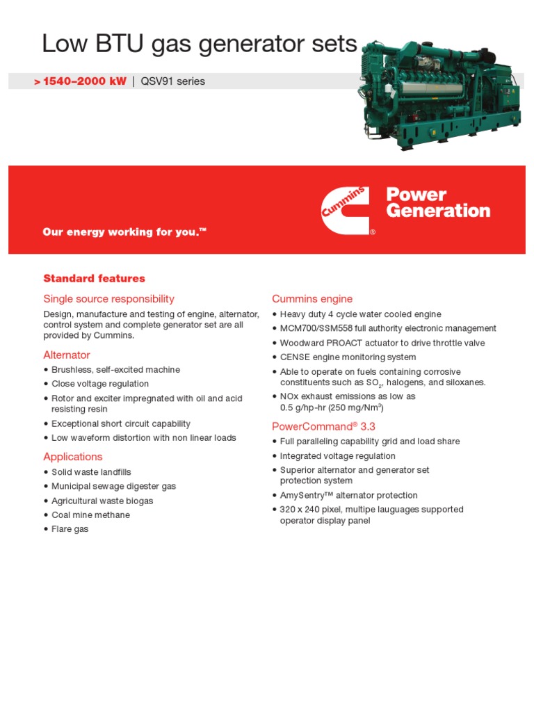 Low BTU Gas Generator Sets QSV91 Series PDF Natural Gas Biogas