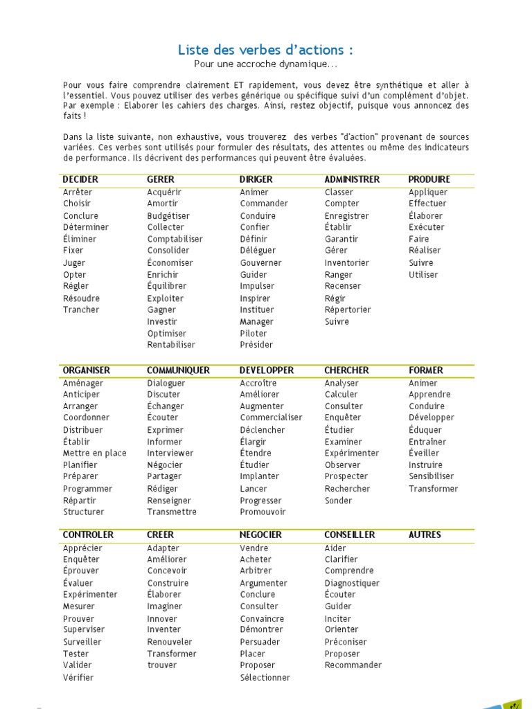 Verbes D'état Verbes D'action Exercices Pdf Liste Verbes d Action
