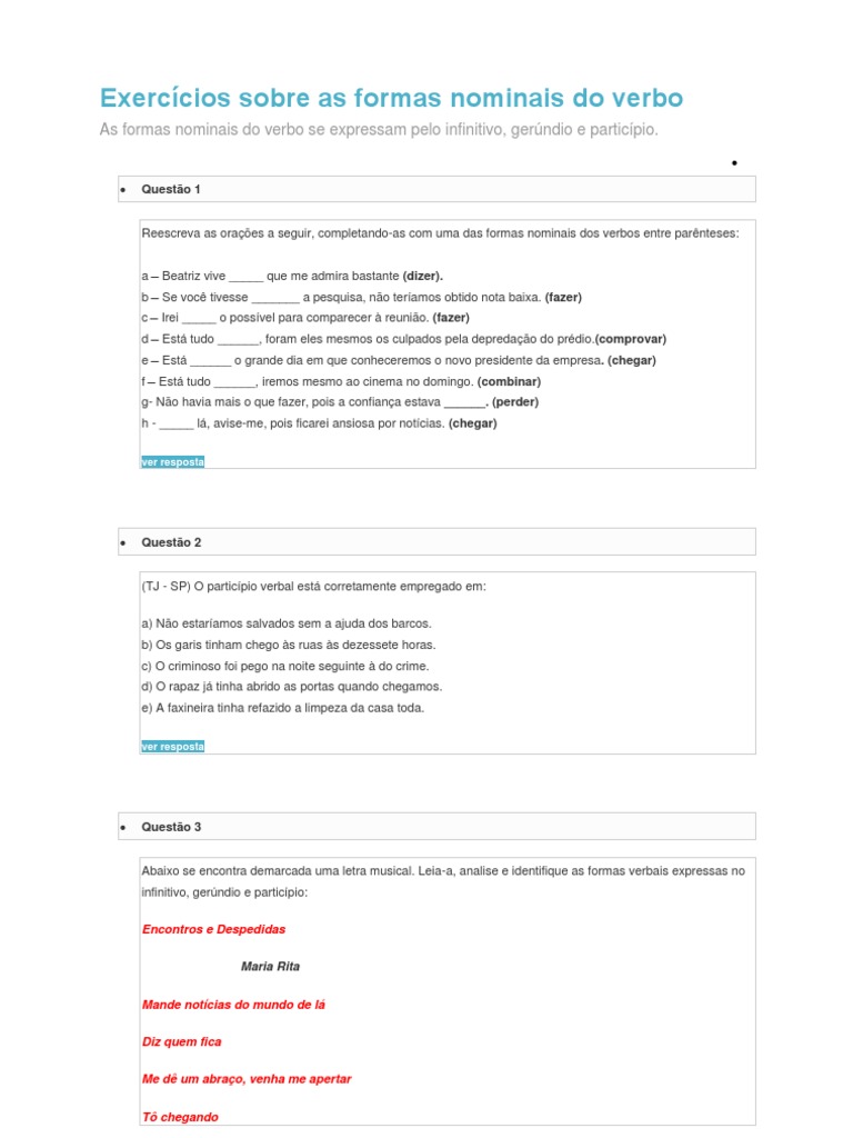 Exercícios sobre as formas nominais do verbo | PDF | Idiomas