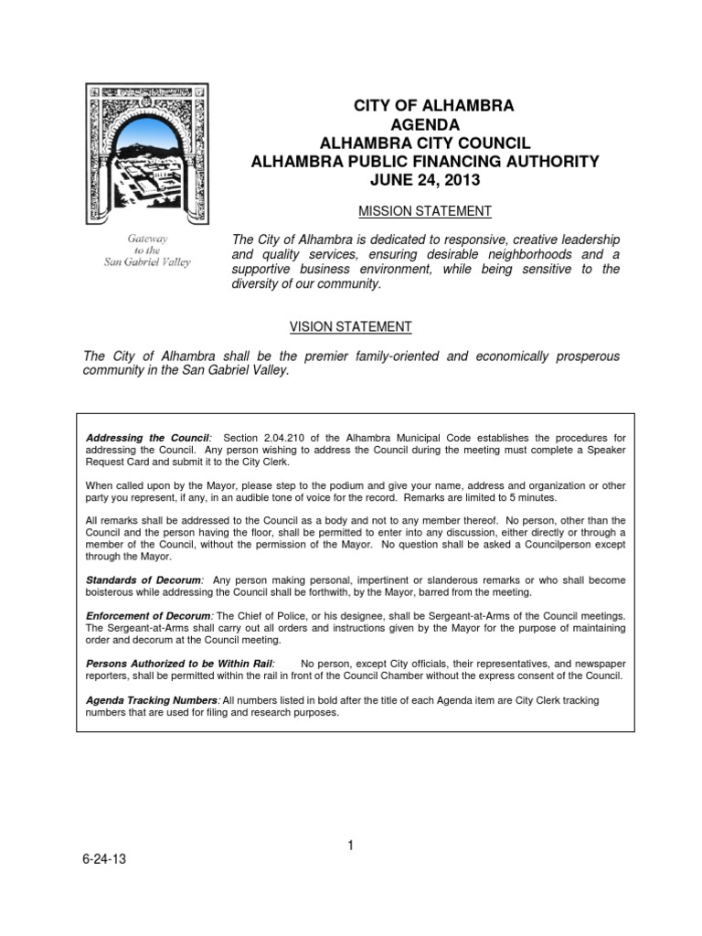 City of Alhambra Agenda Alhambra City Council Alhambra Public Financing