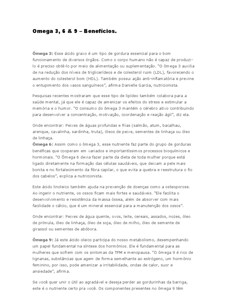 Omega 3, 6 & 9 Benefícios. PDF Colesterol Ácido graxo ômega 3