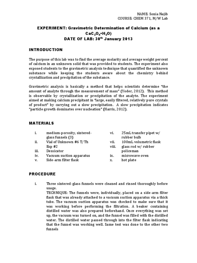 Gravimetric Determination Of Calcium Molar Concentration Filtration