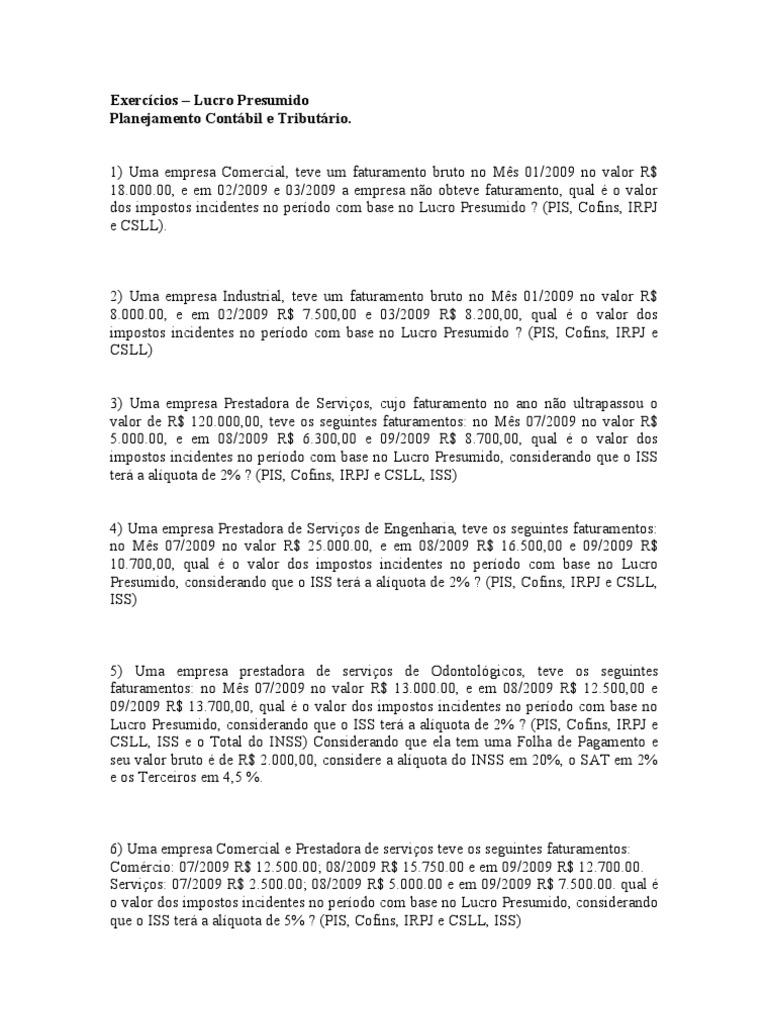 Cálculo de Impostos no Lucro Presumido | PDF | Imposto de Renda | Folha ...