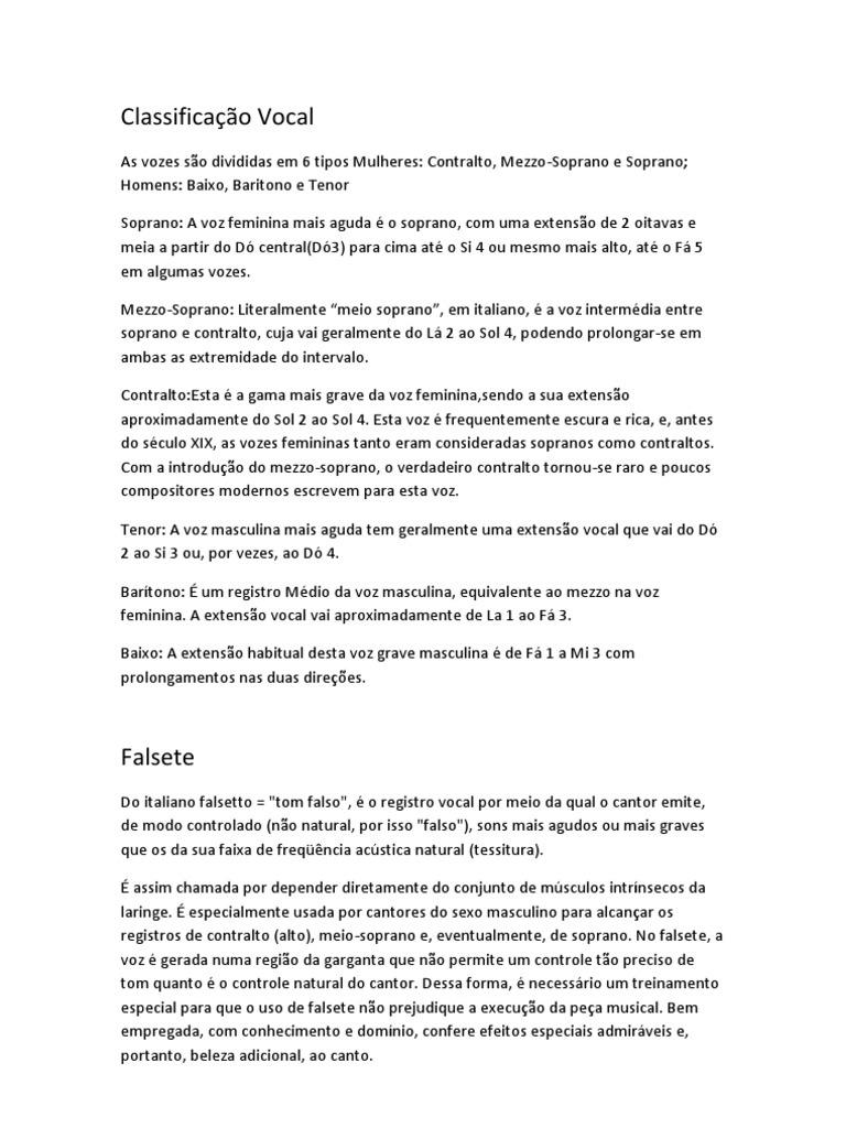 Classificação Vocal Pdf Canto Música à Capela