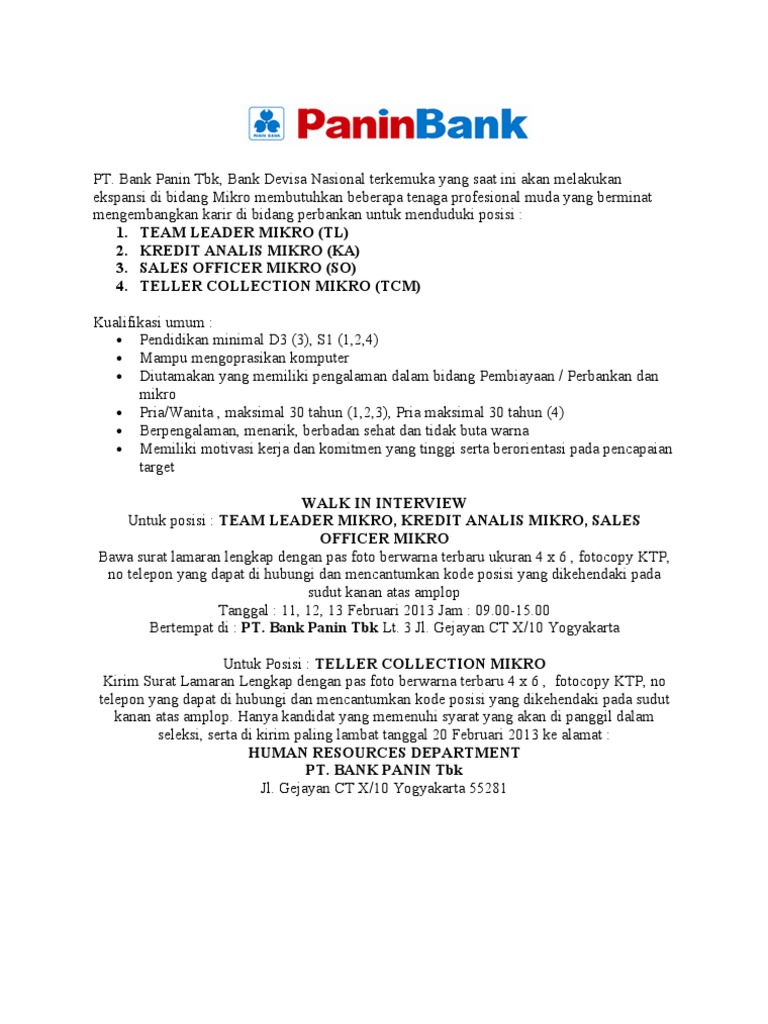 Contoh Surat Lamaran Kerja Bank Panin
