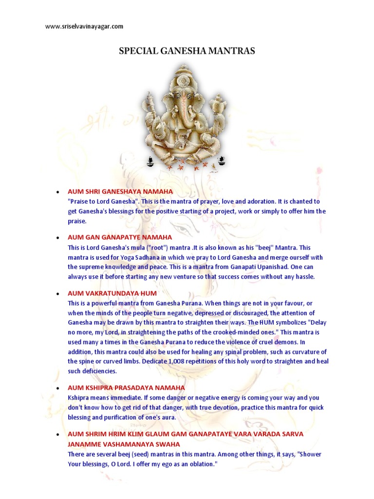 Special Ganesha Mantras | PDF | Mantra | Ancient Indian Philosophy