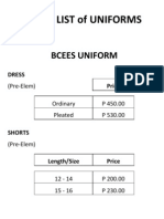 Price List of Uniforms: Bcees Uniform