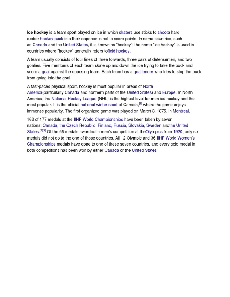 Ice Hockey Is A Team Sport Played On Ice in Which | PDF