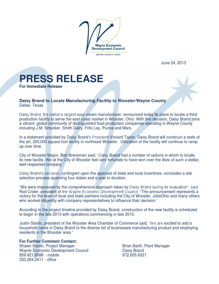 WEDC Daisy Brand Wooster Press Release