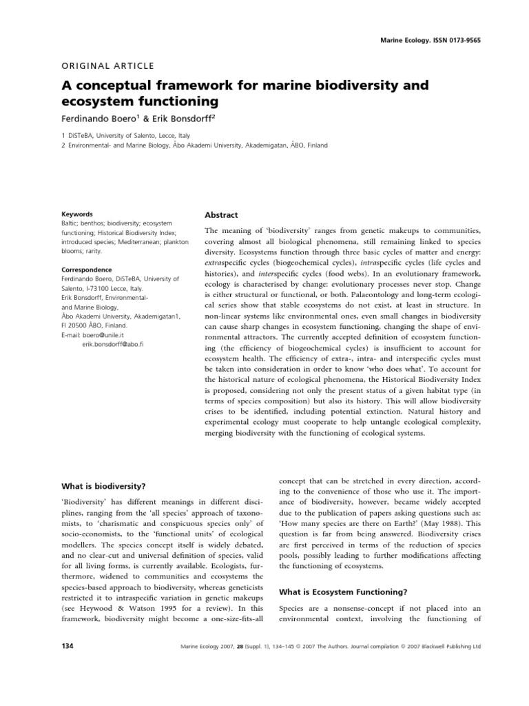 A Conceptual Framework For Marine Biodiversity and Ecosystem ...