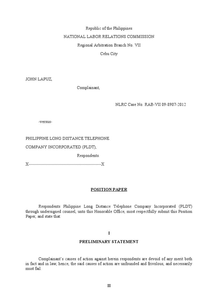 Respondent Position Paper PDF Employment Labour