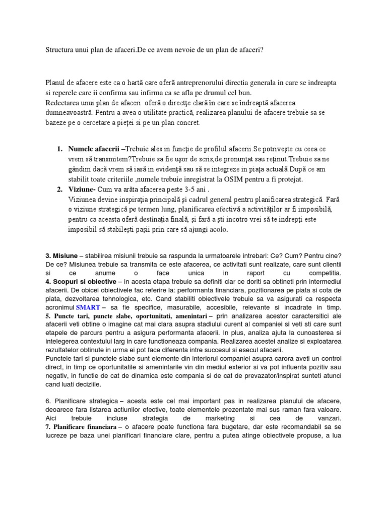 Structura Unui Plan De Afaceri