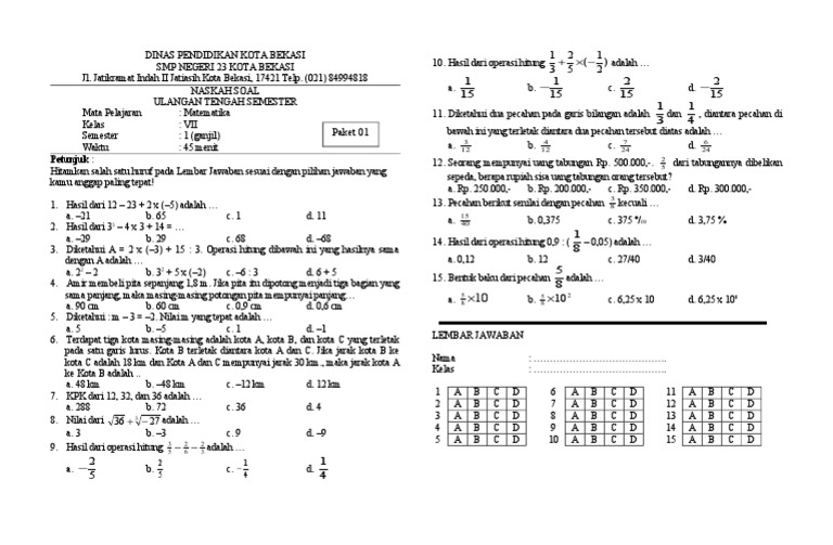 Soal Uts I Matematika Kelas 7