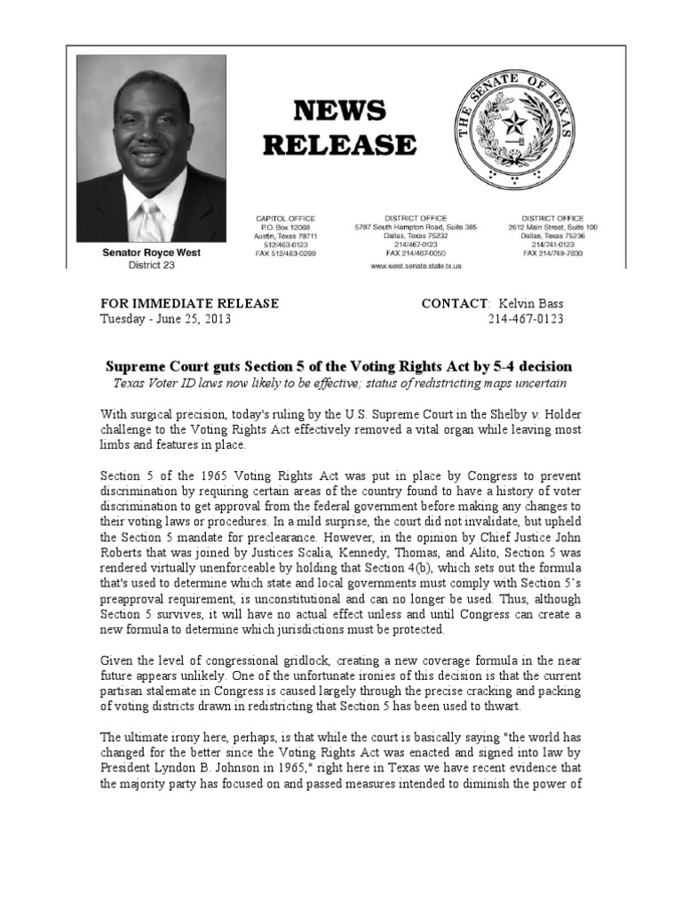 Supreme Court Strips Voting Rights Act | PDF | Voting Rights Act Of ...