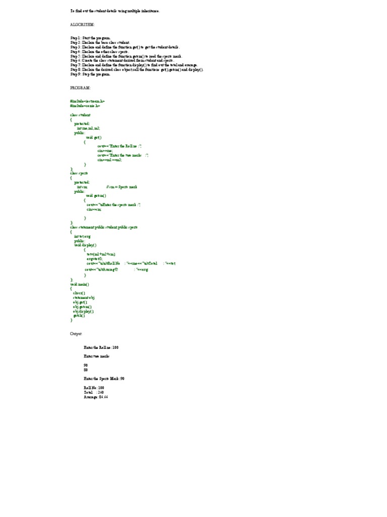 To Find Out The Student Details Using Multiple Inheritance | PDF