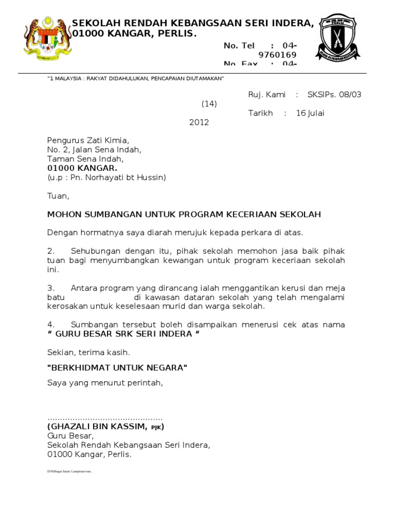 Contoh Surat Rasmi Mohon Kerusi Meja Sekolah