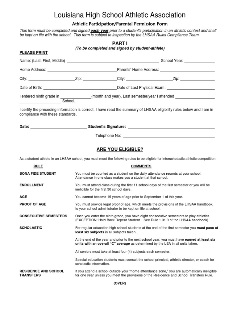 LHSAA Athletic Participation Form | PDF | National Collegiate Athletic ...