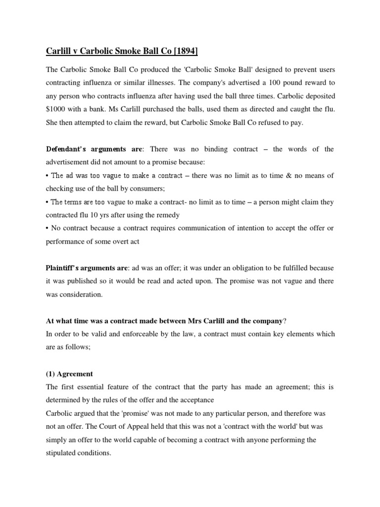 Carlill V Carbolic Smoke Ball Co | PDF | Offer And Acceptance | Legal ...
