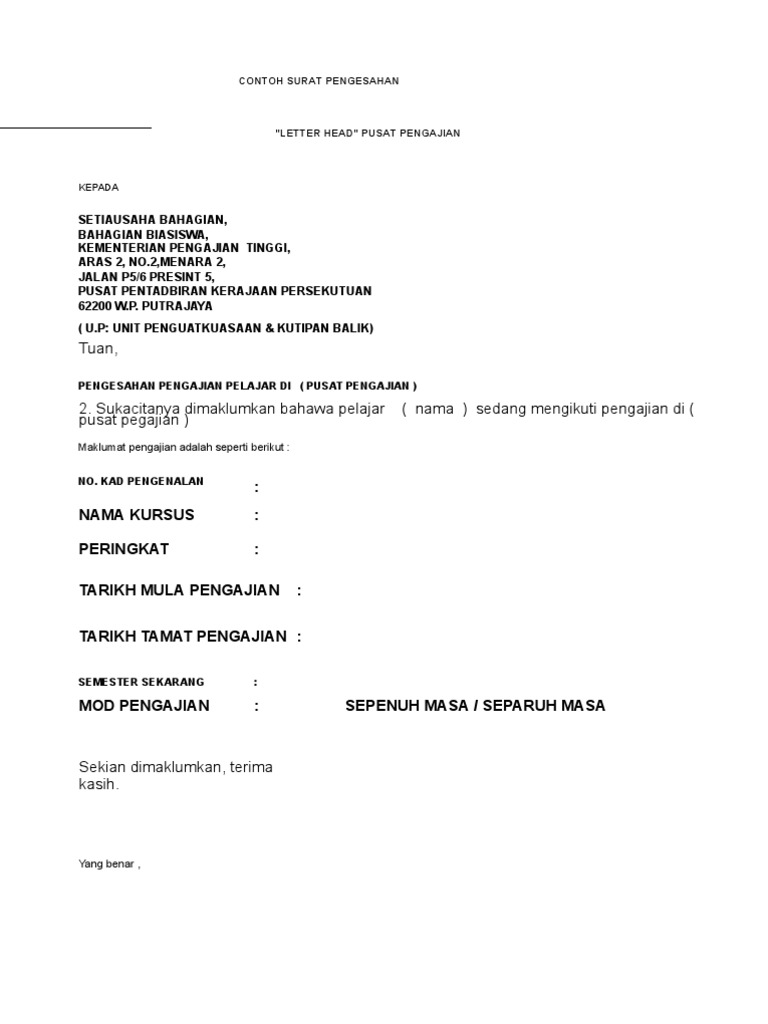 Contoh Surat Pengesahan Pelajar Dari Pusat Pengajian