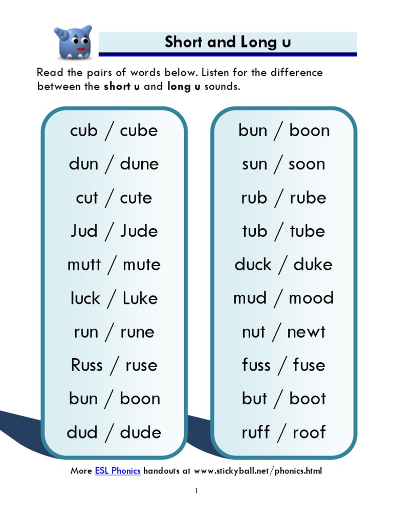 English Phonics Lesson: Short and Long 'u' - Word List and Sentences