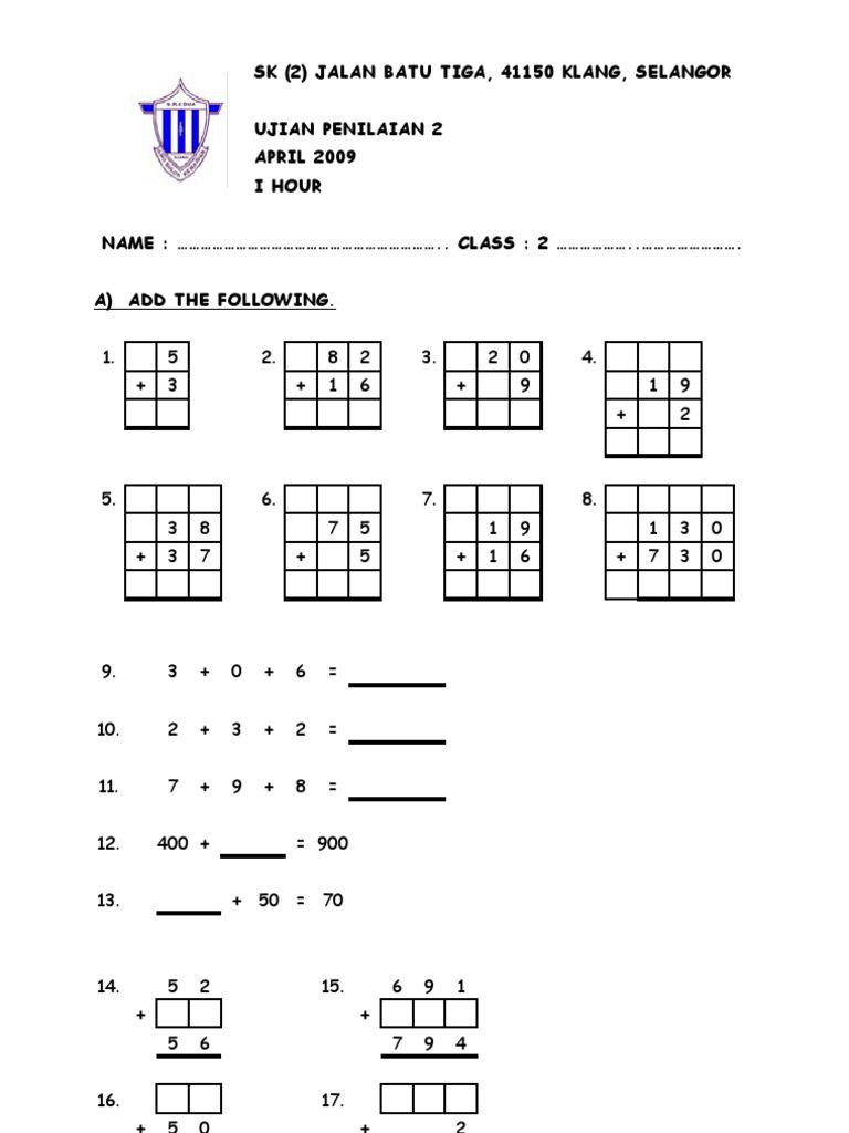 Contoh Soalan Matematik Tahun 1 Peperiksaan Akhir Tahun 