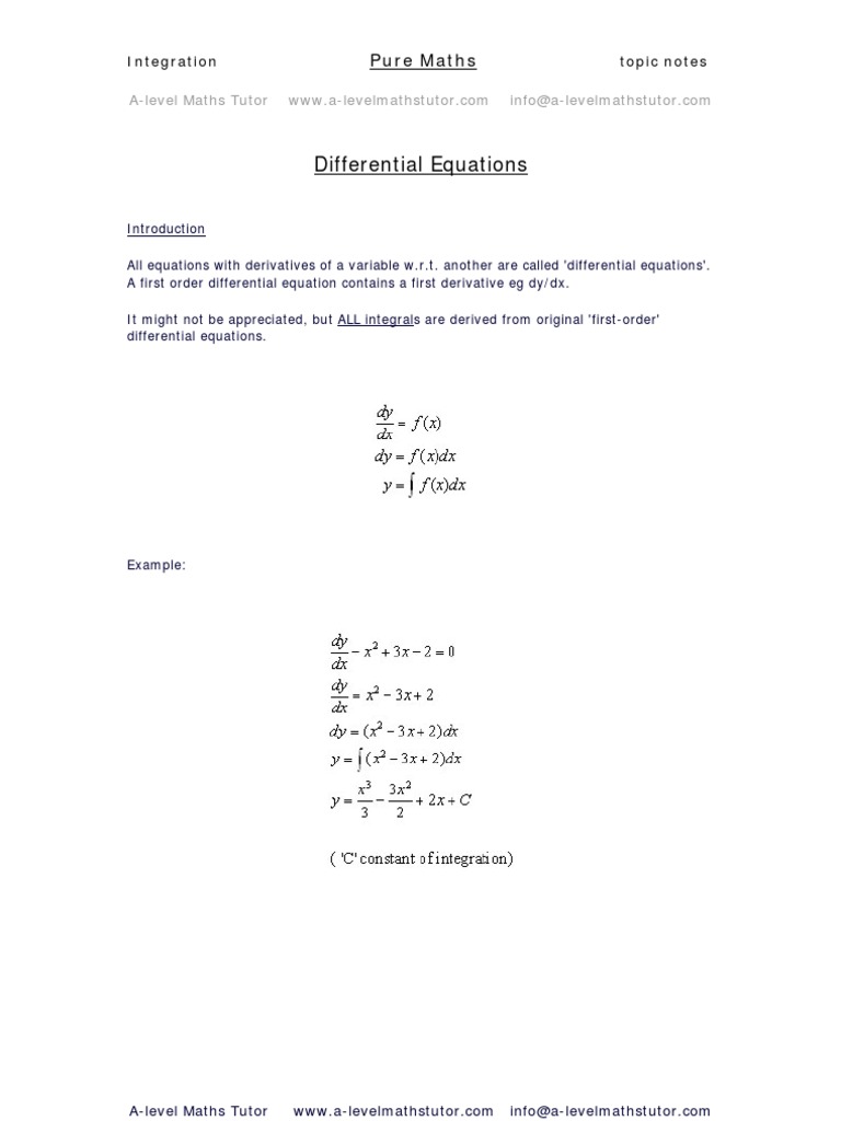 Integration of Differential Equations, Revision Notes From A-Level ...