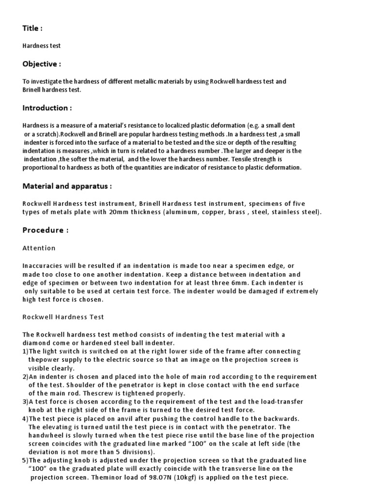 Material Science Hardness Test Lab Report Hardness Applied And