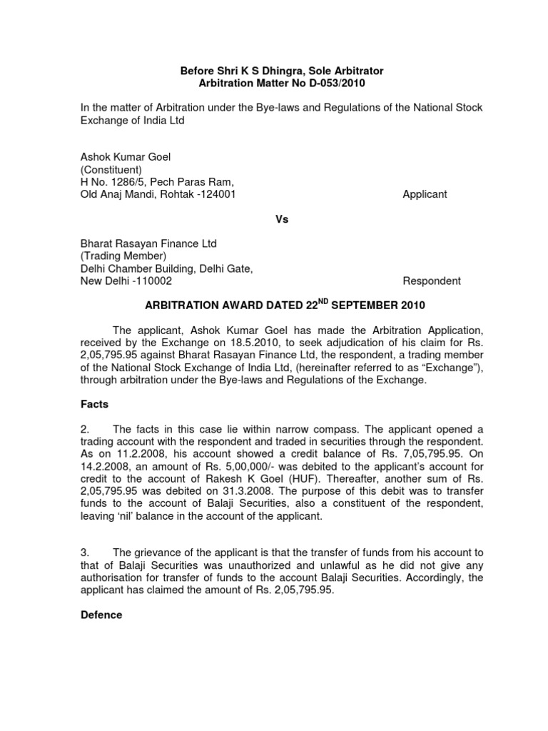 Before Shri K S Dhingra, Sole Arbitrator Arbitration Matter No D053/