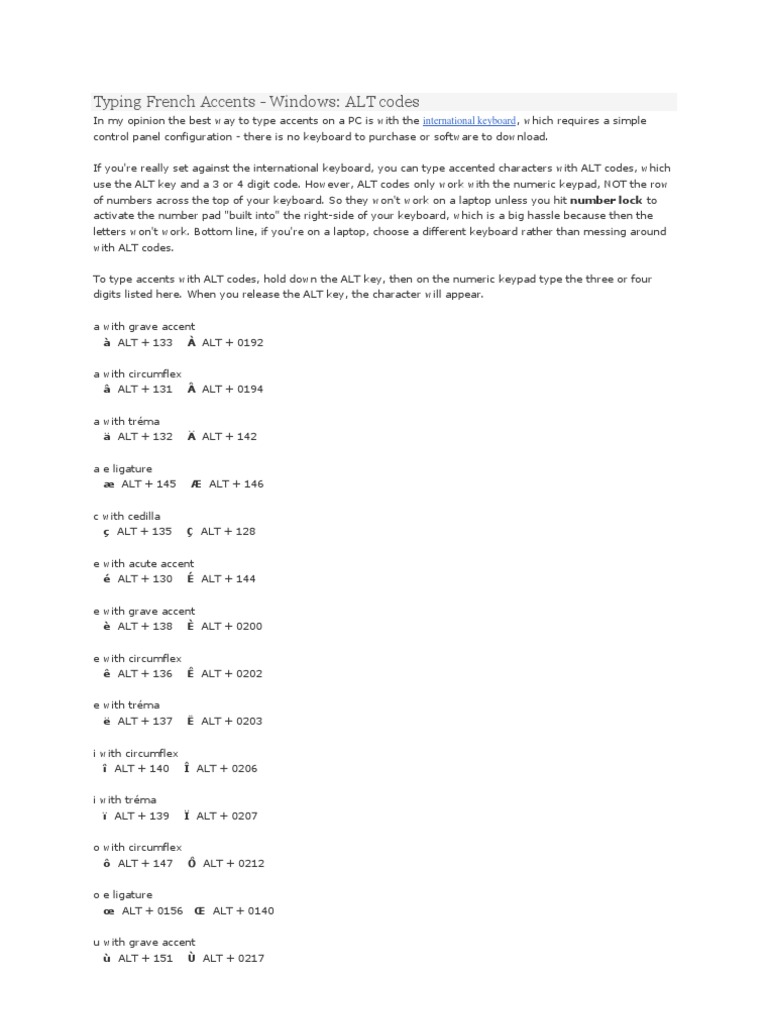Typing French Accents - Windows: ALT Codes: International Keyboard | PDF