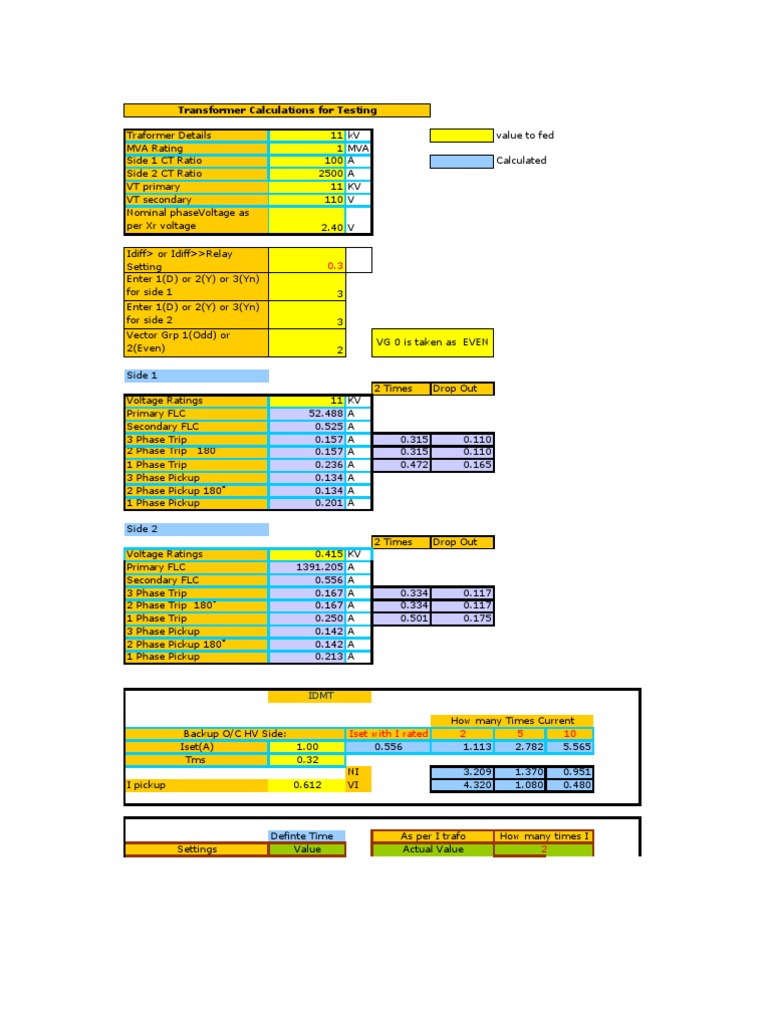 Transformer Calculation Sheet