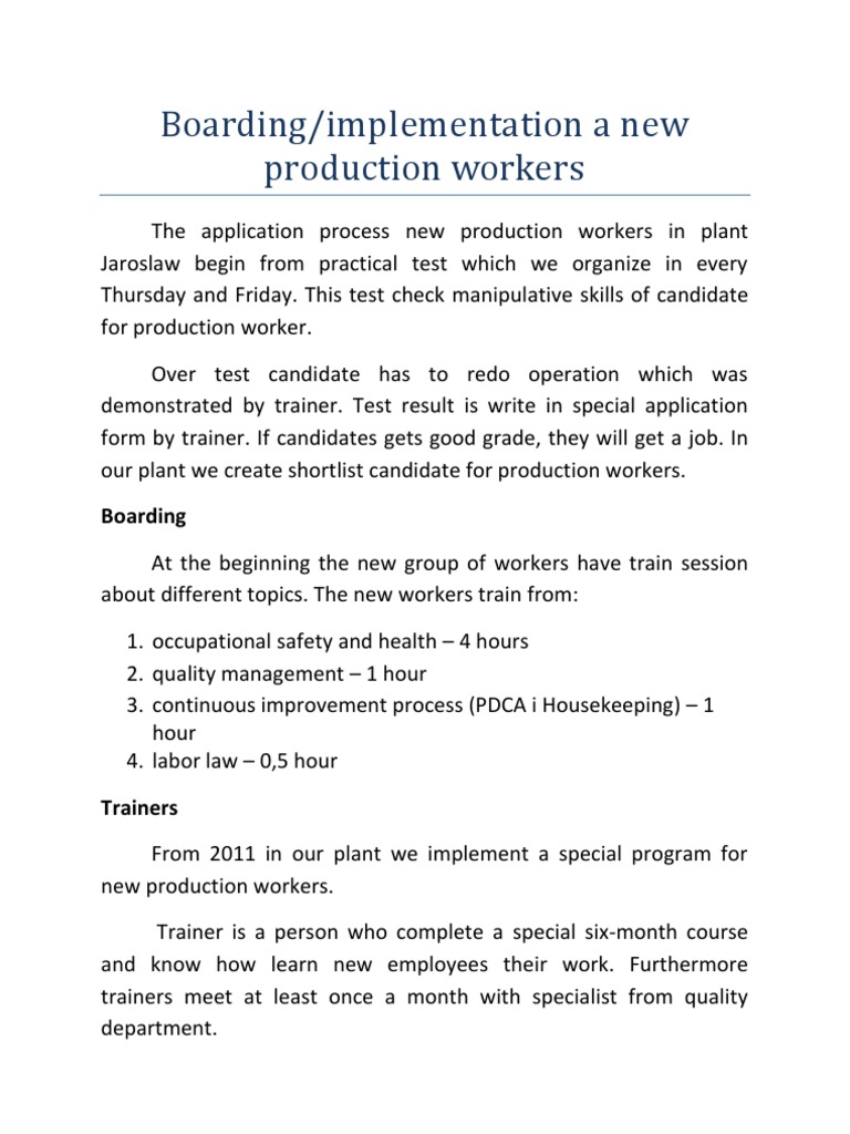 Boarding/implementation A New Production Workers | PDF | Employment | Labor
