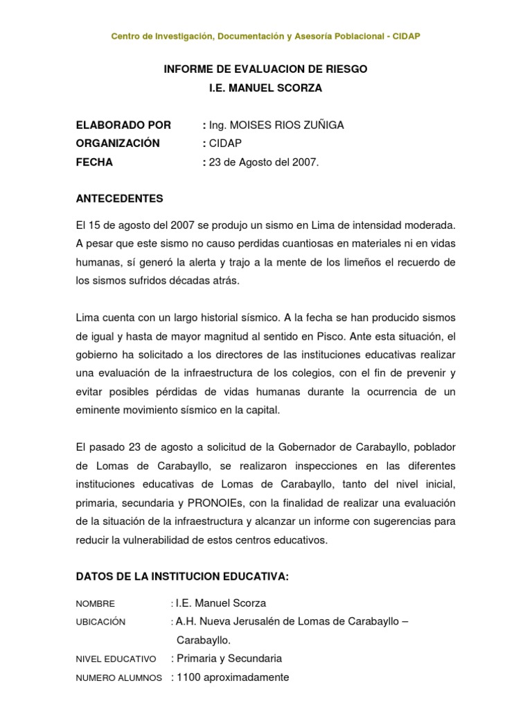Informe Técnico de Evaluación de Riesgo de Las Instituciones Educativas de  Lomas de Carabayllo | PDF | Temblores | Lima