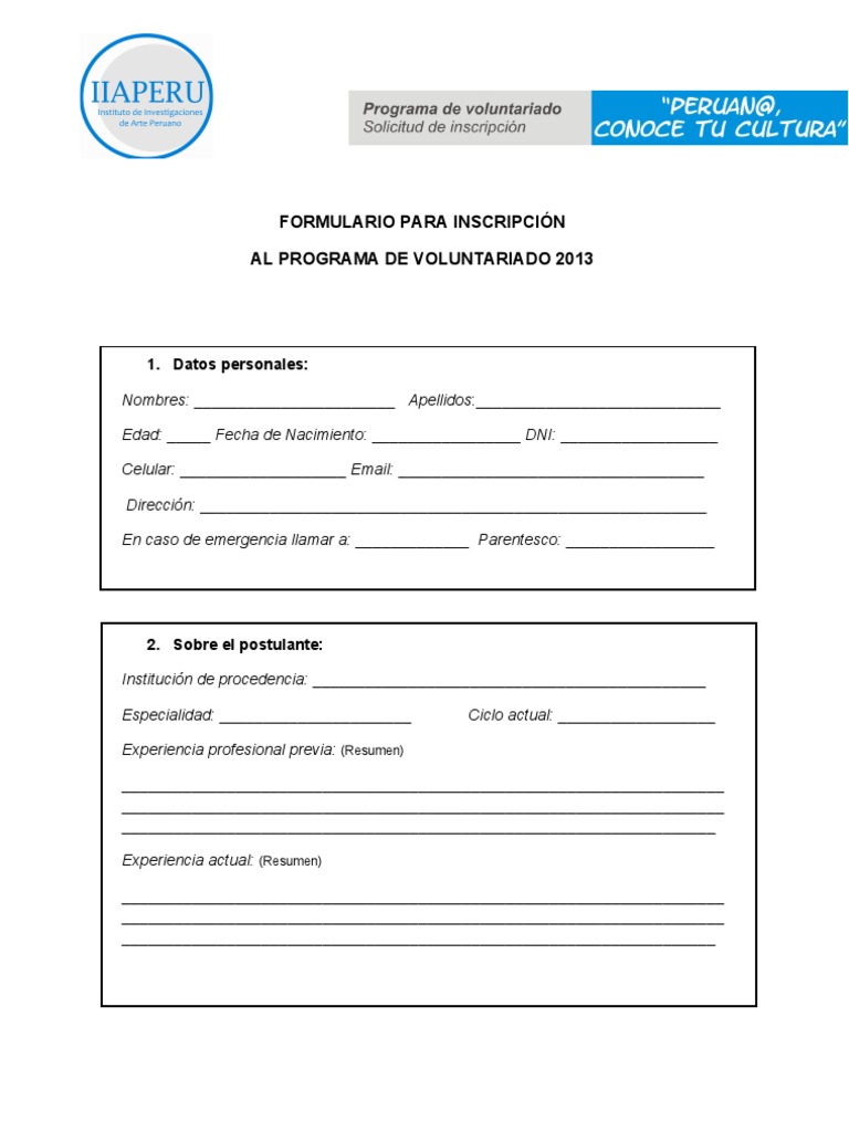 FORMULARIO PARA INSCRIPCIÓN Programa de voluntariado